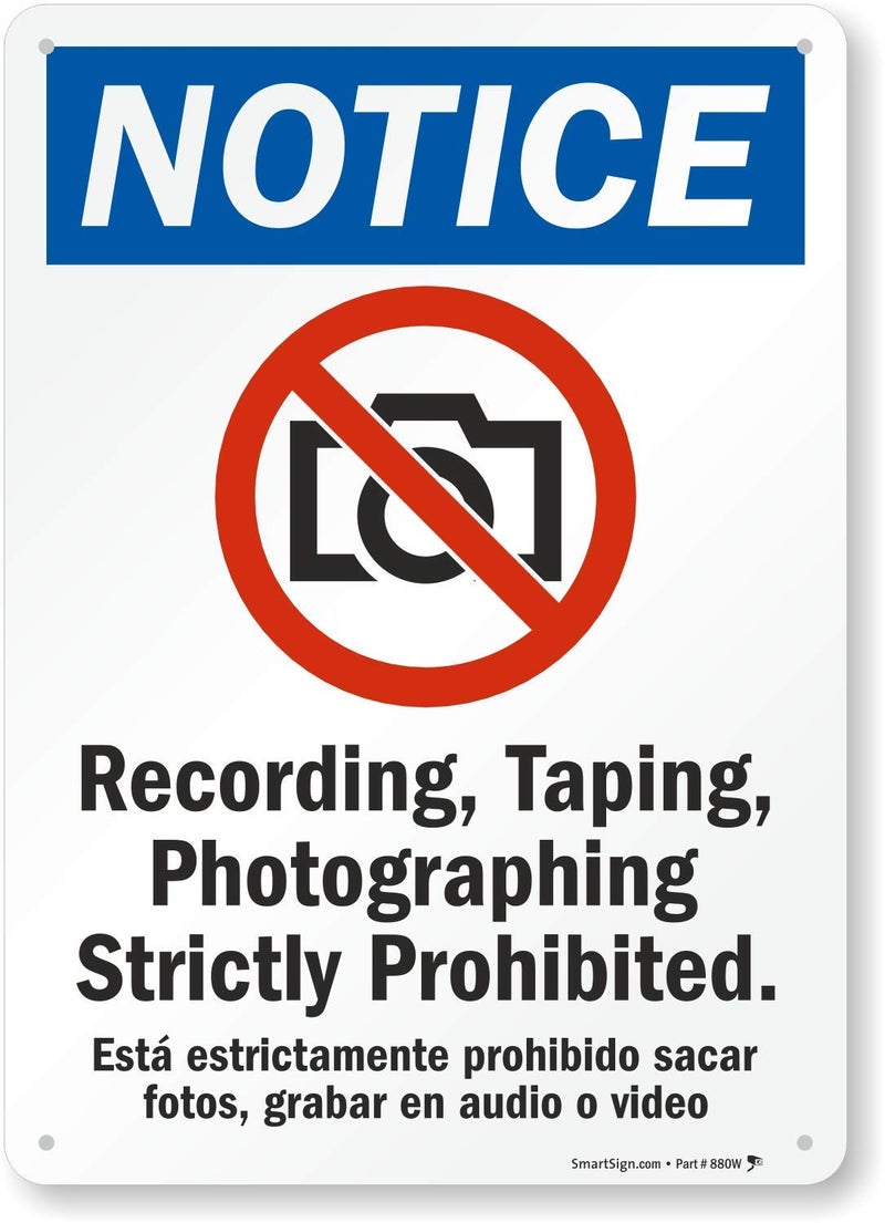 SmartSign "Notice - Recording, Taping, Photographing Strictly Prohibited" Bilingual Sign | 10" x 14" Plastic - Image 1